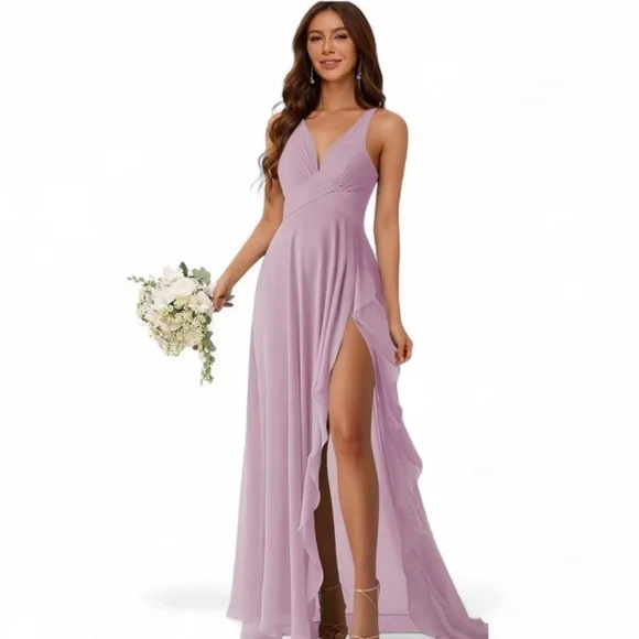 Chiffon V Neck Dresses for Women Ruffles Pleated A-line Formal brand - Picture 1 of 7